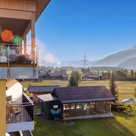 Drone shot of the terrace at the Vista restaurant in Tröpolach.