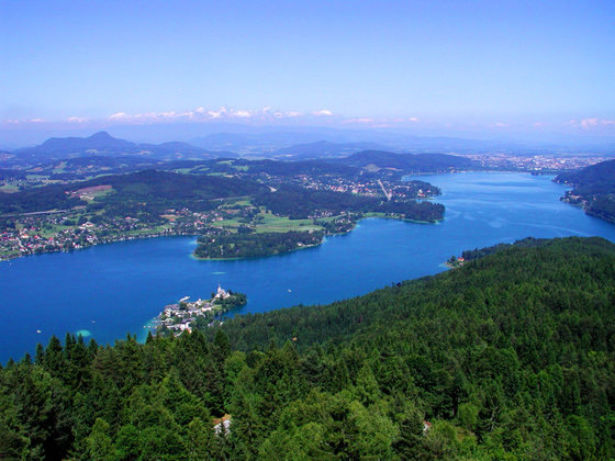 View from the Pyramidenkogel to Lake Wörthersee at Nassfeld.