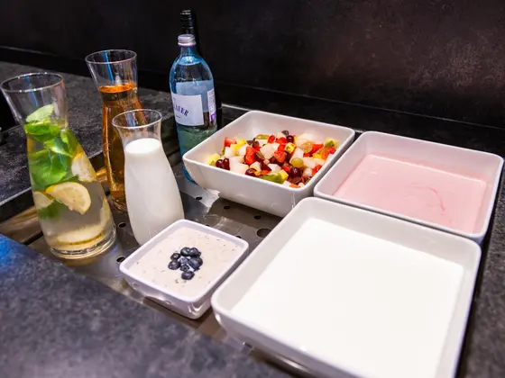 Yogurt and juices at the breakfast buffet in the Vista Restaurant.