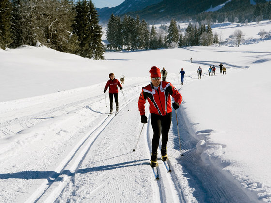 Cross-country skiing on Lake Weissensee in Carinthia.