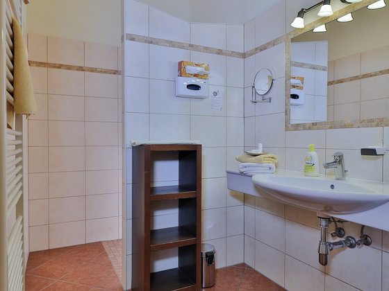 Bathroom in the Superior Triple Room at Hotel Garni Zerza.