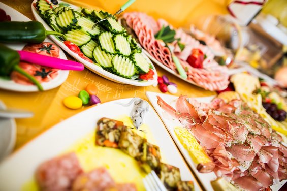 Vegetables and sausage at the breakfast buffet at Hotel Garni Zerza